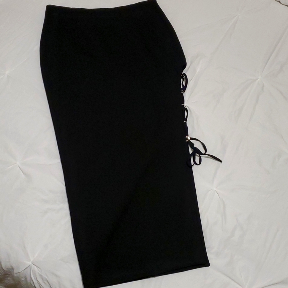 Zara Black High Waited Side Lace Slit Midi Skirt